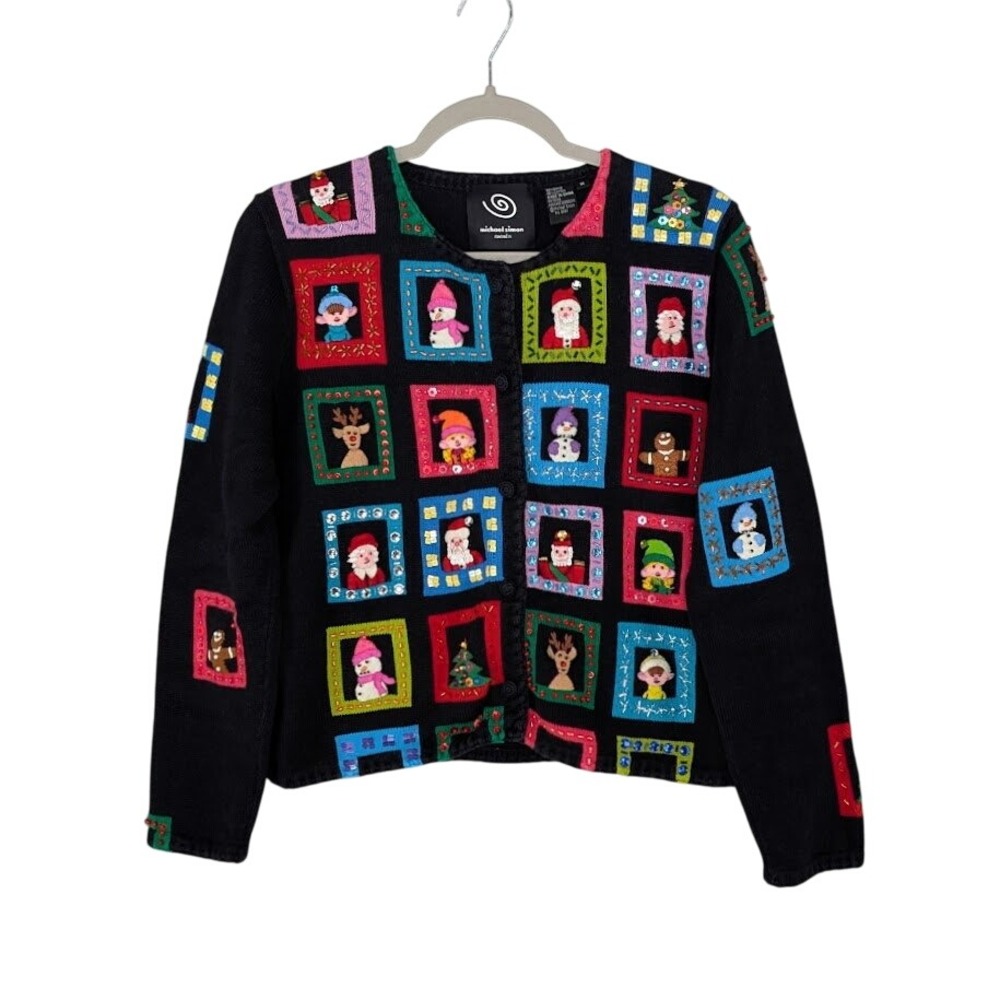 Michael Simon Christmas Cardigan Black M‎ Beaded Window Applique 2001 Y2K